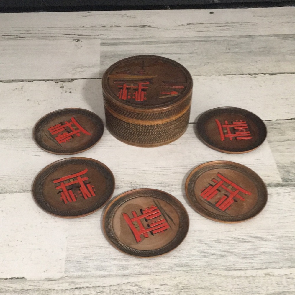 Asian Wood Coaster Set in Wooden Box. Hand Painted Etched made in Japan.